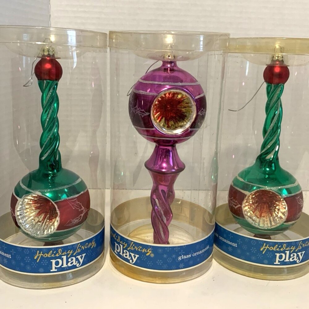 Vtg Holiday Living Glass Christmas Ornaments Christopher Radko Style - Set of 3
